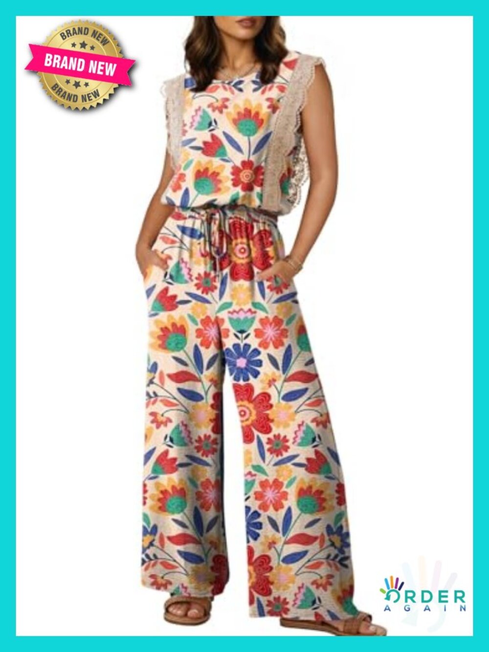 Lace Cap Sleeve Wide Leg Jumpsuit Romper with Pockets